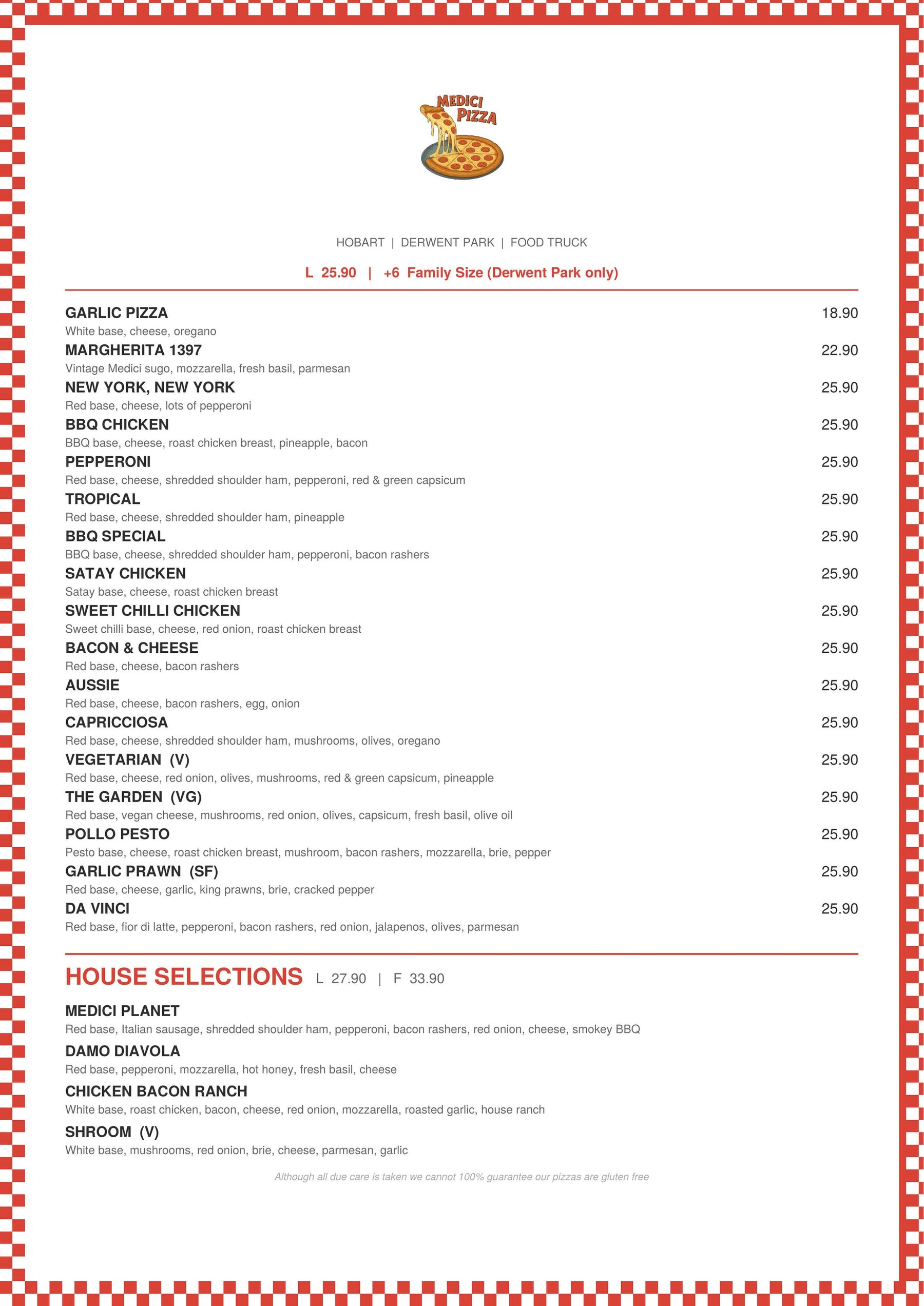 Medici pizza menu